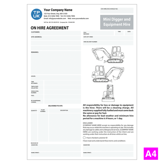 ON-HIRE AGREEMENT — Mini Digger & Plant Hire