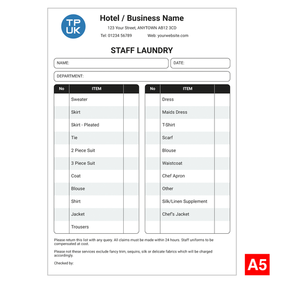 Staff Laundry Lists A5 Template for Drycleaning