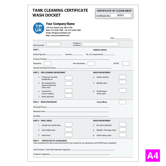 Tank Cleaning Certificates / Wash Dockets A4 Template printed by TradePrintingUK