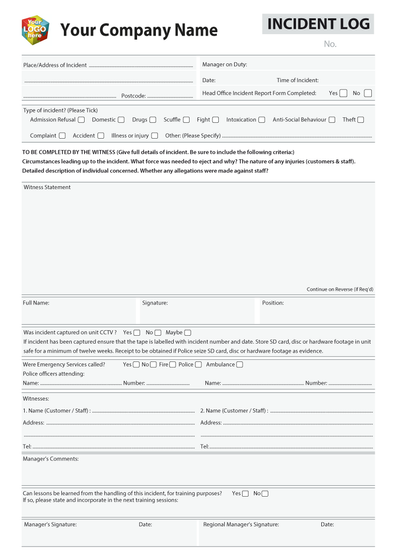 Incident Log A4 Template