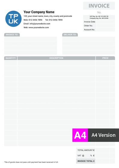 A4 INVOICE Template for Invoice Books printed by TradePrintingUK
