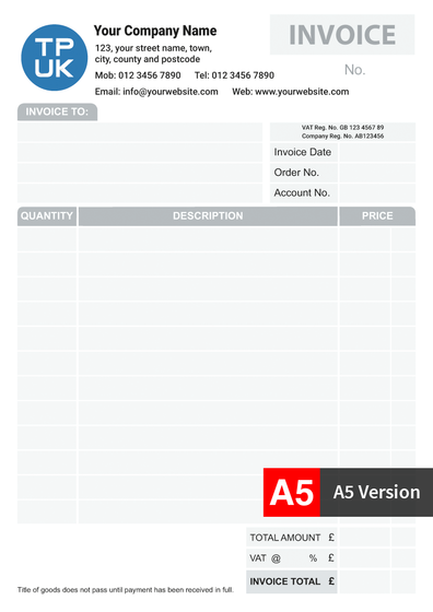 A5 INVOICE Template for Invoice Books printed by TradePrintingUK