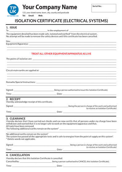 Isolation Certificate Electrical Systems A4 Template