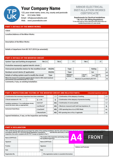 Minor Electrical Installation Works Certificate (Front) A4 Template