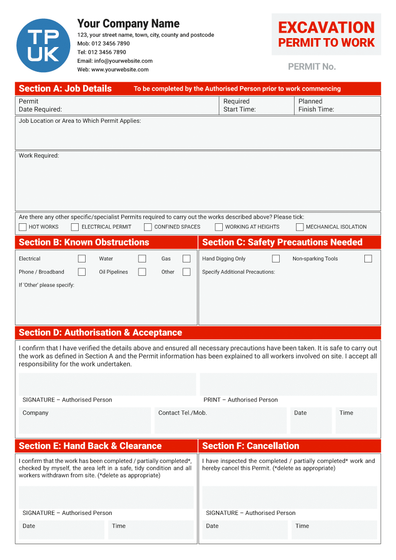 Permit to Work Excavation A4 Template