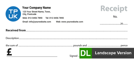 DL (1/3 A4 Landscape) RECEIPT template by TradePrintingUK for NCR print
