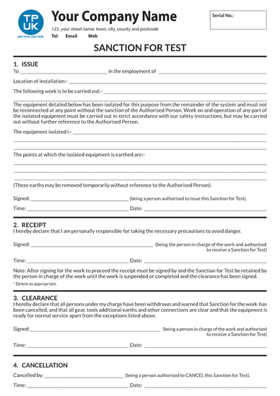 Sanction For Test Electrical Systems A4 Template printed by TradePrintingUK