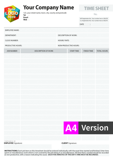A4 Timesheet Template for carbonless NCR by TradePrintingUK
