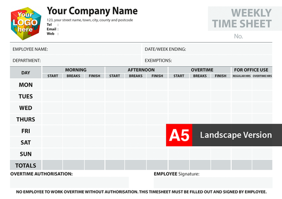 A5 (Landscape) Timesheet Template for carbonless NCR by TradePrintingUK