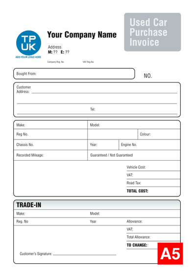 Used Cars Purchase Invoice - A5 Template