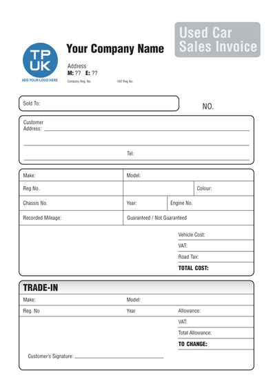 Used Cars Sales Invoice template by TradePrintingUK for NCR print