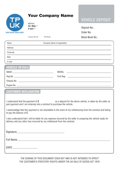 Car Vehicle Deposit Receipt Template - A4 Artwork