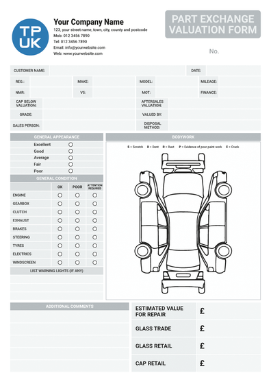 Vehicle Part Exchange Valuation Form A4 Template