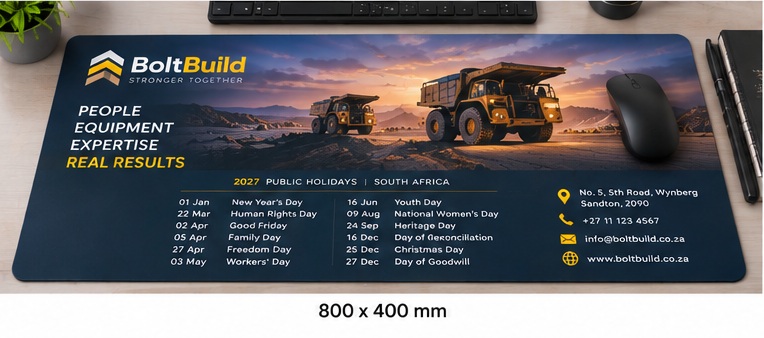 Dark blue and multicolour rectangular reinforced counter mat, full-colour digital print
