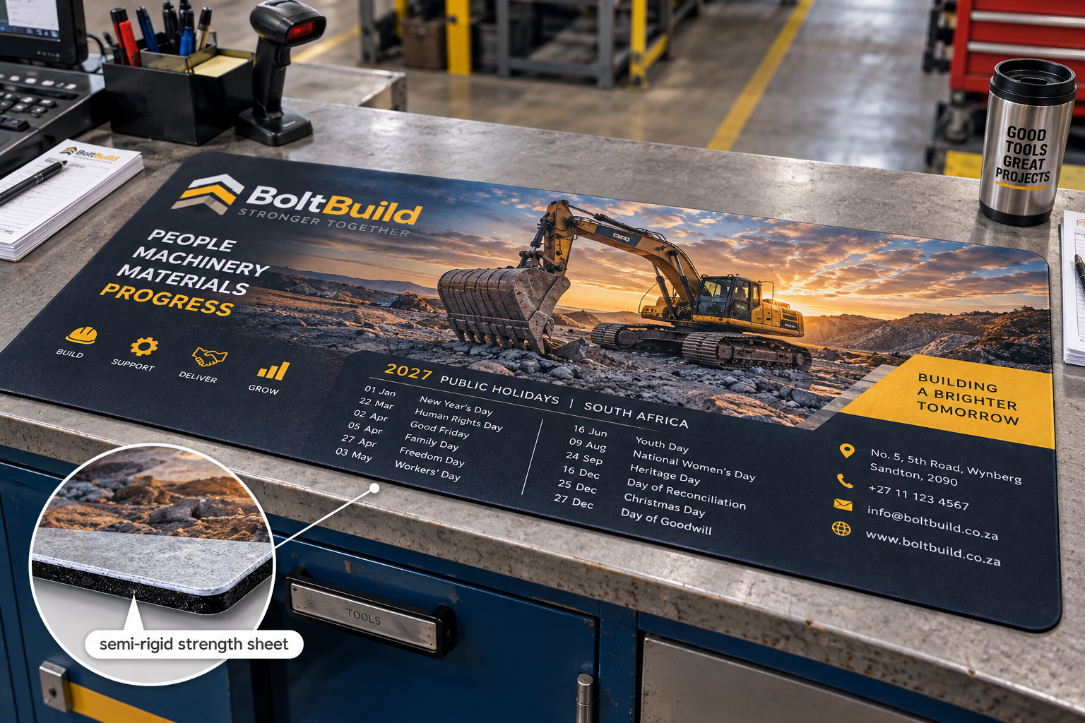 Black and multicolour rectangular reinforced counter mat, full-colour digital print