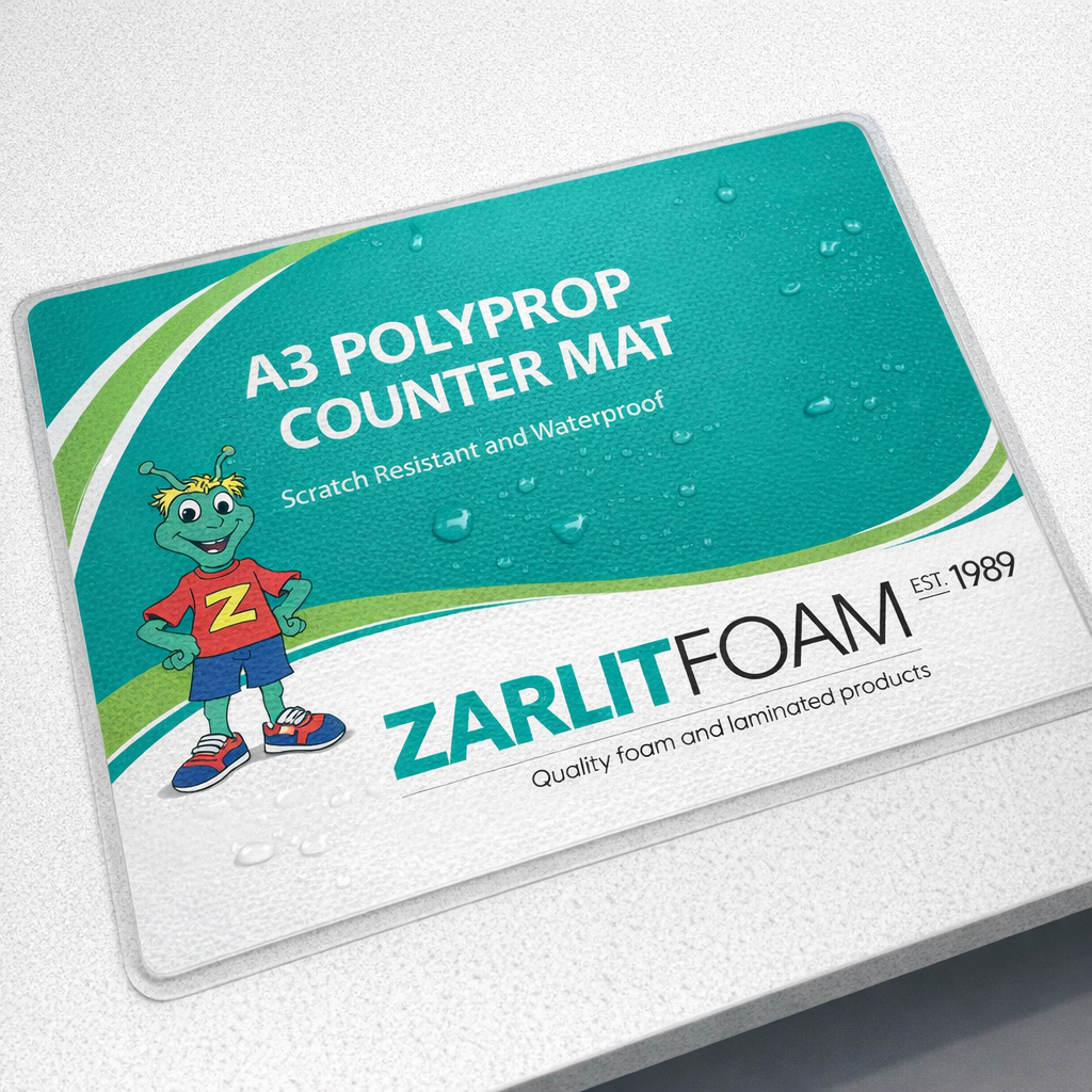 Teal A3 polyprop counter mat with printed branding and water droplets.